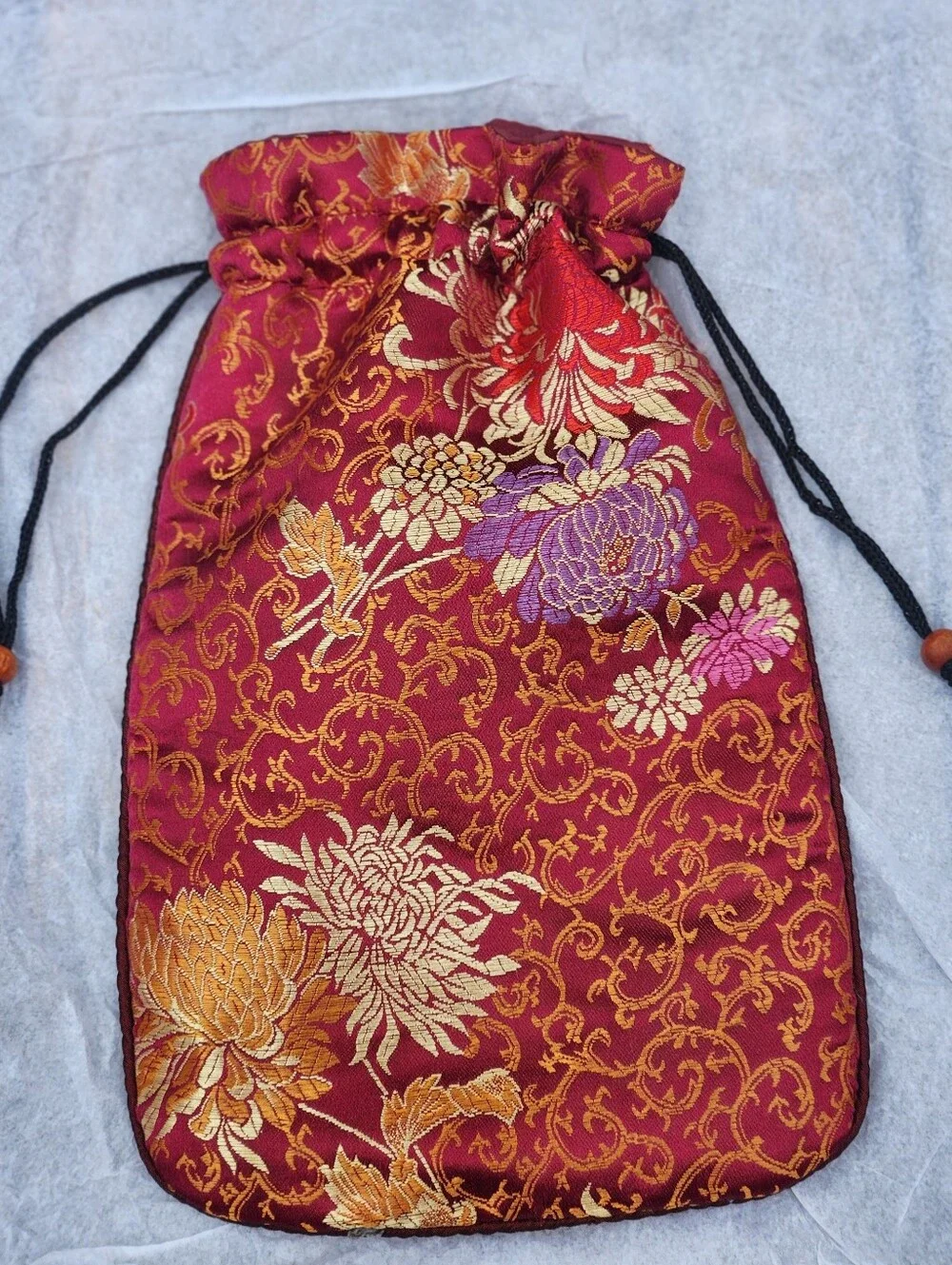 2pc Silk Brocade Pouch Set Red Drawstring 10x6 & Green Envelope 8x6